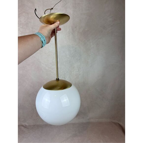 Vintage MCM 1970s Glass Globe Pendant Light Brass - Picture 7 of 13